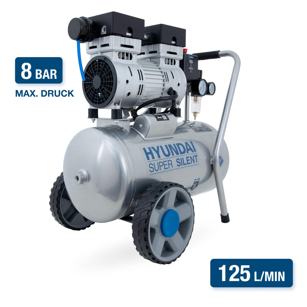 HYUNDAI Silent Kompressor SAC55752 | 24L Kessel, 8bar, ölfrei | 0.75kW / 1.0PS | Ansaugleistung 125 L/Min | Öl-Wasserabscheider | 59dB Luftkompressor leise, Flüster-Kompressor