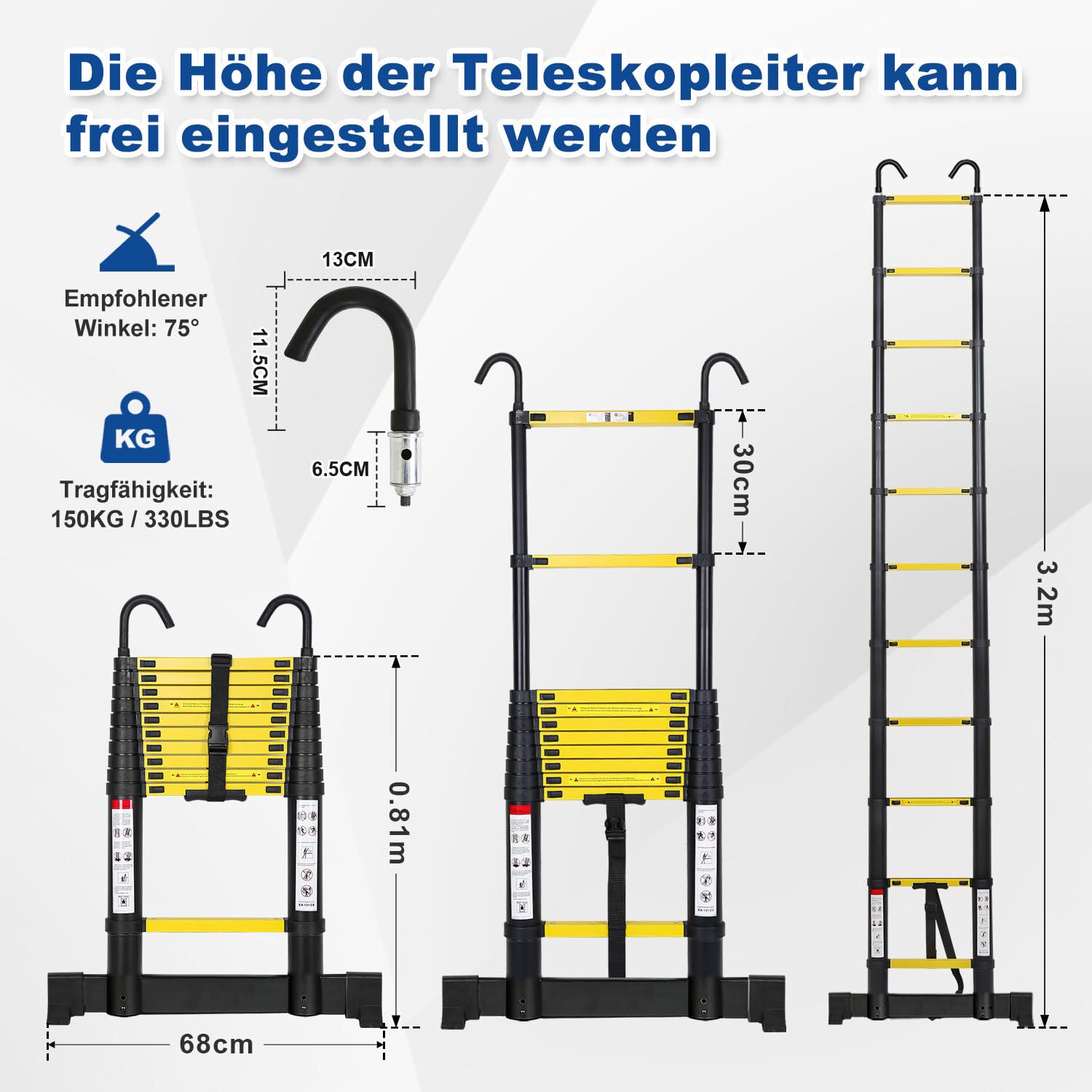 Joparri Aluminium Teleskopleiter 3.2M, Ausziehbare Leiter mit Stabilisator und Abnehmbaren Haken, Rutschfester Aluleiter Stehleiter Mehrzweckleiter, 150 kg Belastbarkeit, Schwarz Gelb