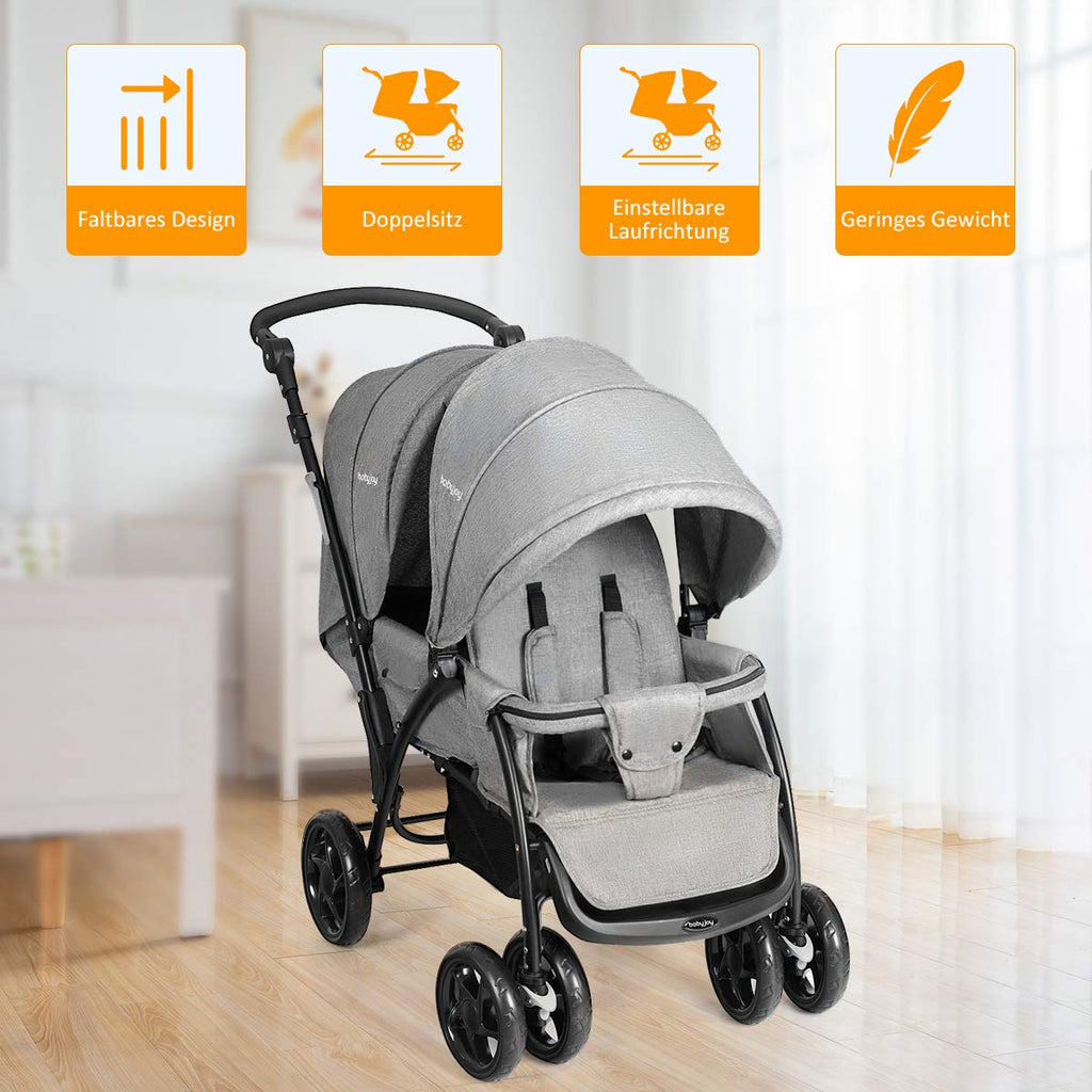 GOPLUS Geschwisterwagen Zwillingswagen, Kinderbuggy Klappbar, Buggy Zwilinge, Kinderwagen Babybuggy, Babywagen Grau, für Babys ab 6 Monate (Grau)