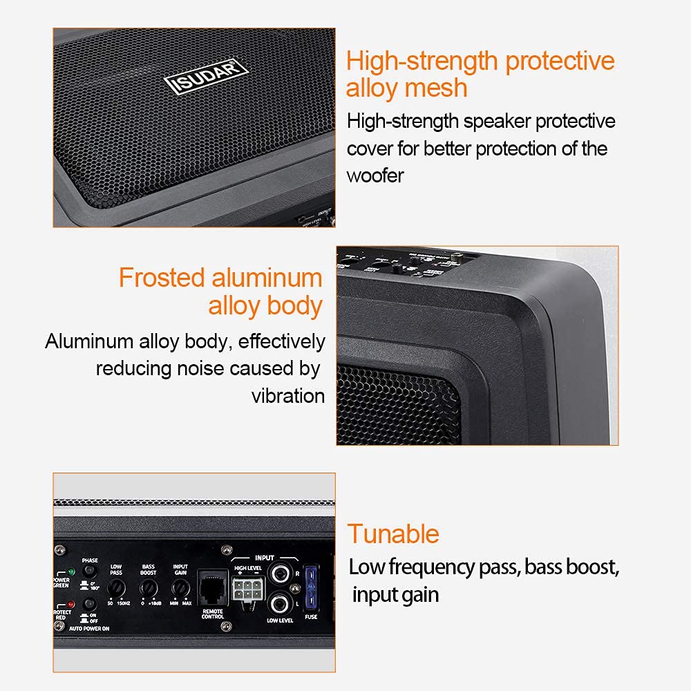 ISUDAR 9 Zoll schlanker Max 600W Subwoofer Aktiv Powered Untersitz-Auto Audio Subwoofer eingebautem Verstärker für Auto/LKW mit Fernbedienung niedrigen und hohen Eingangspegeln, Schwarz
