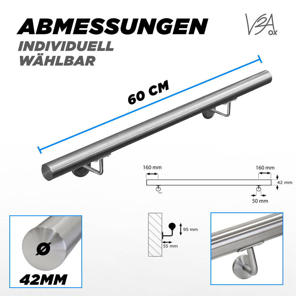 V2Aox Handlauf Treppengeländer aus Edelstahl, Durchmesser: 4,2 cm, Rostfrei & Wetterfest, Inklusive Montagematerial, Halter, Länge: 60 cm