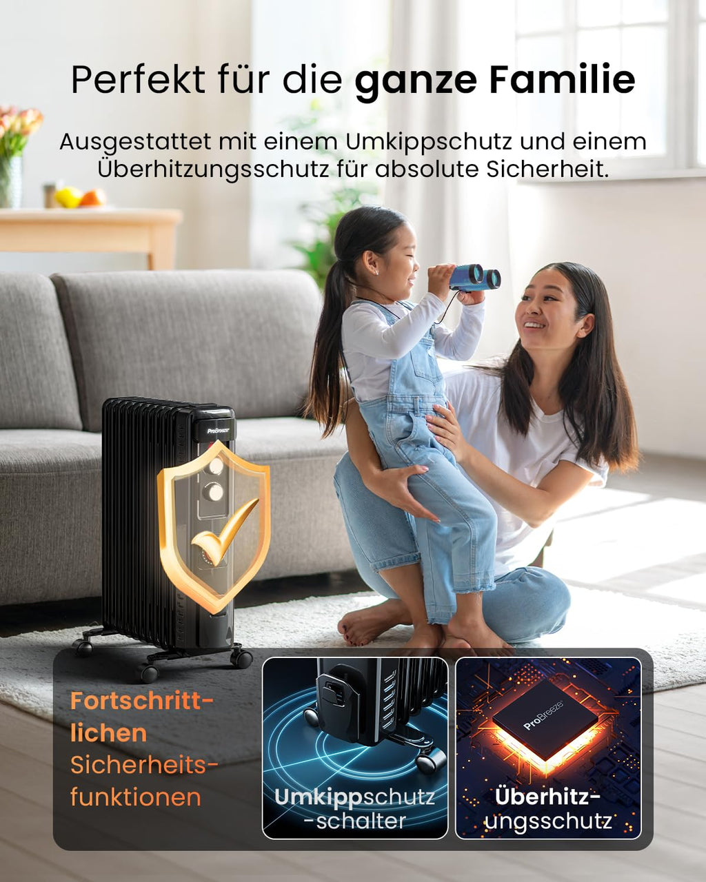 Pro Breeze 2500W Ölradiator mit 11 Heizrippen, Elektrischer Heizkörper, 24h Timer, Ölradiator energiesparend, 3 Heizstufen, Einstellbares Thermostat & Sicherheitsabschaltfunktion - schwarz
