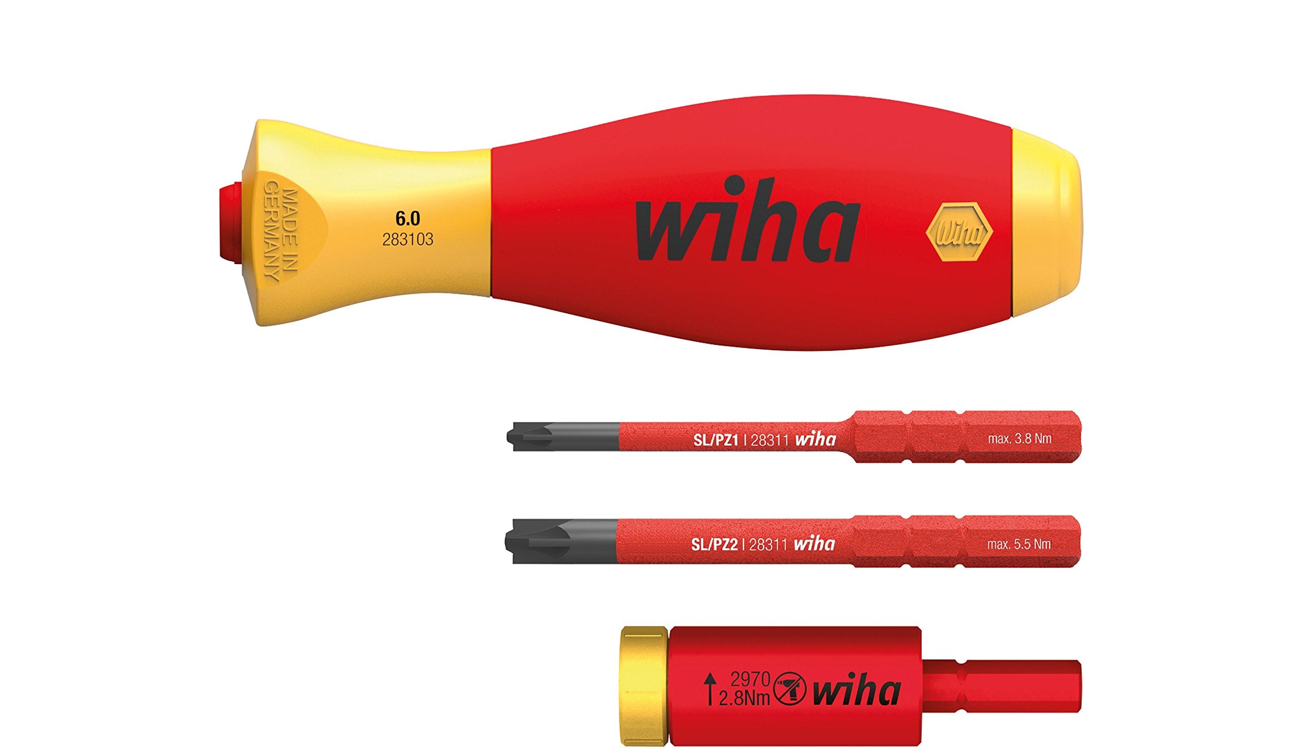 Wiha Juego de adaptadores de par de apriete easyTorque electric 2,8 Nm con soporte slimVario® y slimBits SL/PZ, de 4 unid. (41478)
