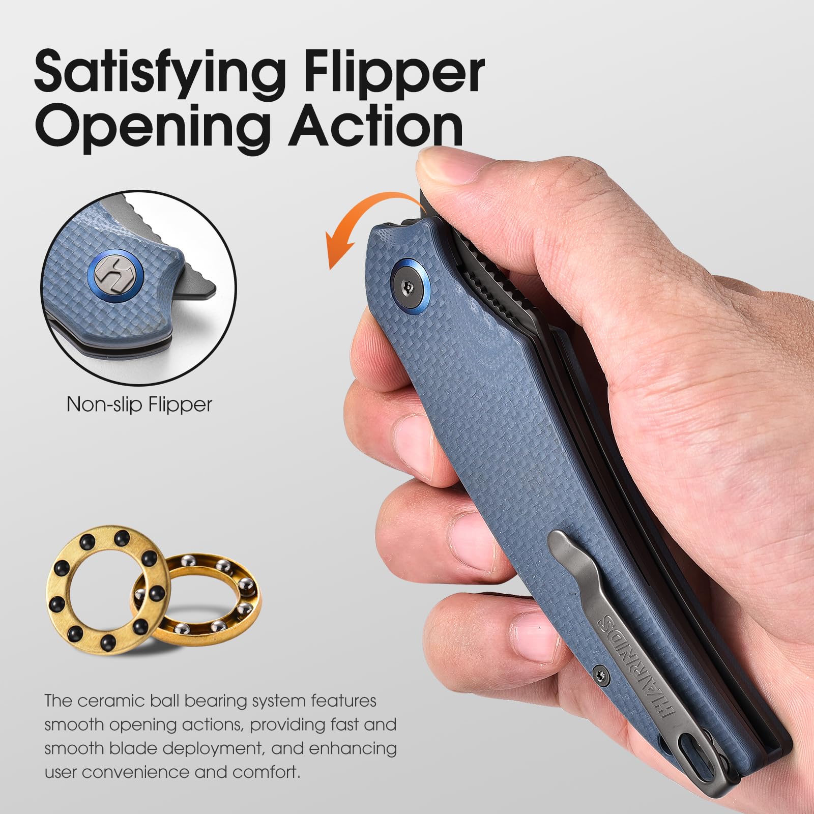 Harnds Taschenmesser Klappmesser Front Flipper mit D2 Stahlklinge und G10 Griff, Premium EDC Messer mit Taschenclip für Outdoor Angeln Überleben (Grau-Grau Titan)