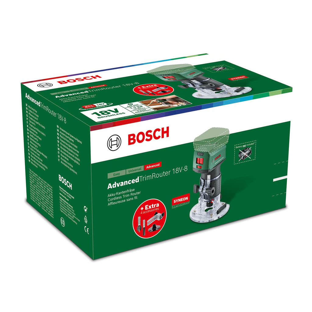 Bosch Akku-Kantenfräse AdvancedTrimRouter 18V-8 (ohne Akku, 18 Volt System, Bürstenloser Motor, zusätzliches Zubehör, im Karton) – Amazon Edition