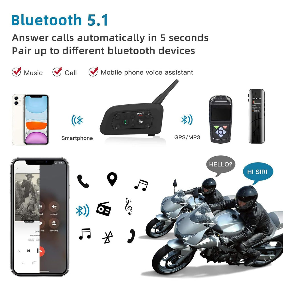 EJEAS V6PRO Motorrad Intercom Bluetooth Headsets 1200m bis zu 6 Reiters DSP-Rauschunterdrückung, Wasserdicht, Kommunikationssystem für Motorräder, 1 Stück