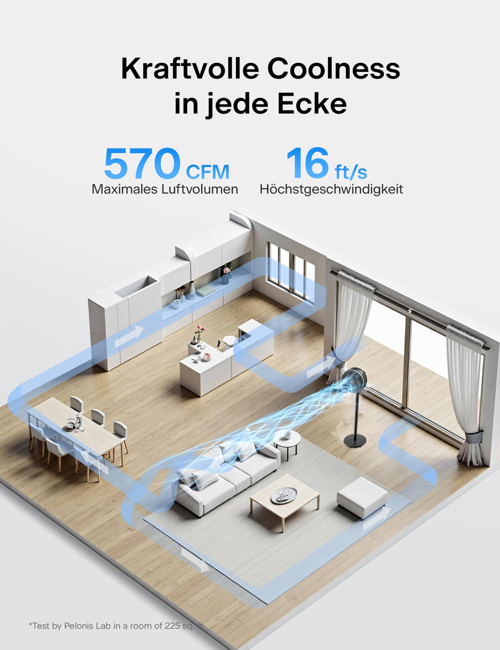 PELONIS Standventilator mit Fernbedienung Touch Display 3D Zirkulation 36.5dB Leise 10m Luftstrom Höhenverstellbar 60/111cm 4 Stufen mit Timer, Abnehmbarer Schutzgitter Rotationslüfter