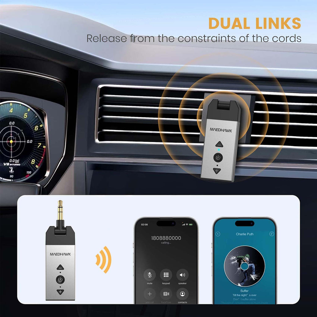 MaedHawk Aux Bluetooth Adapter Auto, Bluetooth 5.2 Empfänger Klinke Drehbarer 3.5 mm Anschluss für Auto Heim Stereo Musikstreaming (Lautstärke einstellbar, Freisprechen, A2DP)