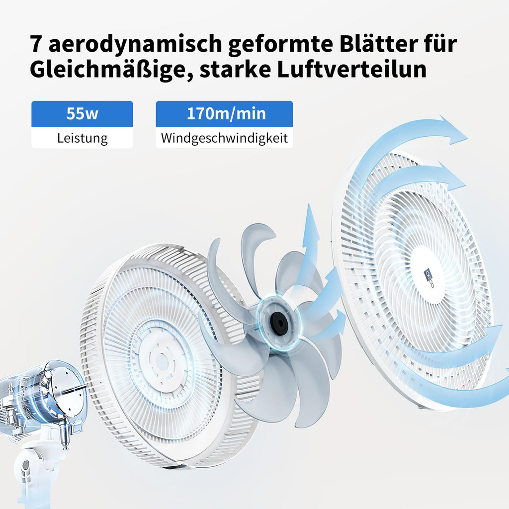 aeco AirX-Flow 100 Standventilator 2-in-1 Stand- & Tischventilator 3 Geschwindigkeitsstufen Höhenverstellbarer Oszillation 85° 55W Kraftvoller 7-Blatt Lüfter Ventilator Luftzirkulation