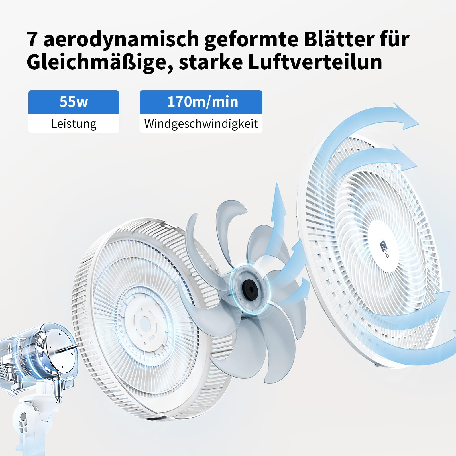 aeco AirX-Flow 100 Standventilator 2-in-1 Stand- & Tischventilator 3 Geschwindigkeitsstufen Höhenverstellbarer Oszillation 85° 55W Kraftvoller 7-Blatt Lüfter Ventilator Luftzirkulation