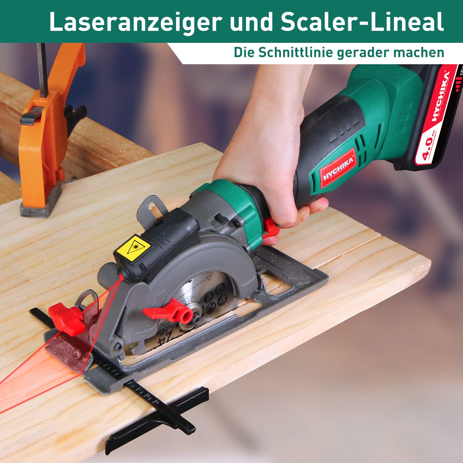 HYCHIKA Handkreissäge 18V, Kreissäge mit 4,0Ah Akku 3500U mit 3 Sägeblättern (115 & 125mm), Laserführung & führungsschiene, Max Schnitttiefe 48mm(90°)/32mm(45°), Mini Kreissäge für Holz, Weichmetall