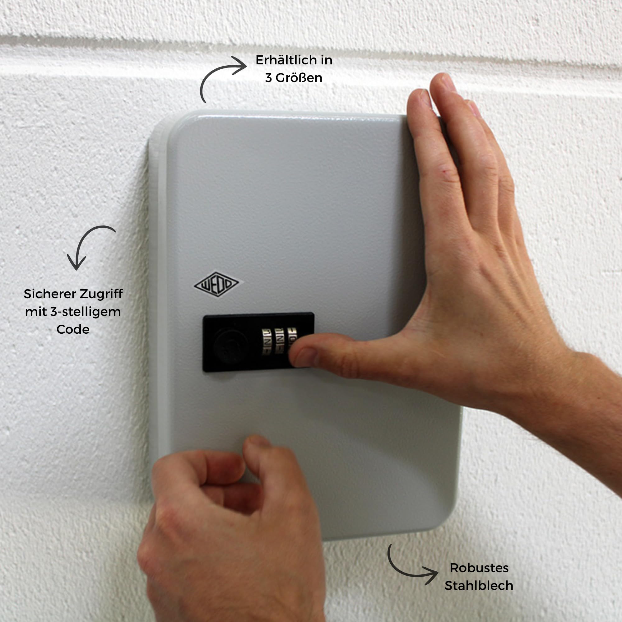 WEDO Schlüsselschrank für 60 Schlüssel – kompaktes Wand-Keysafe mit mechanischem 3-stelligen Zahlenschloss, pulverbeschichtetes Stahlblech, inkl. Nummerierungsset & Montage, hellgrau