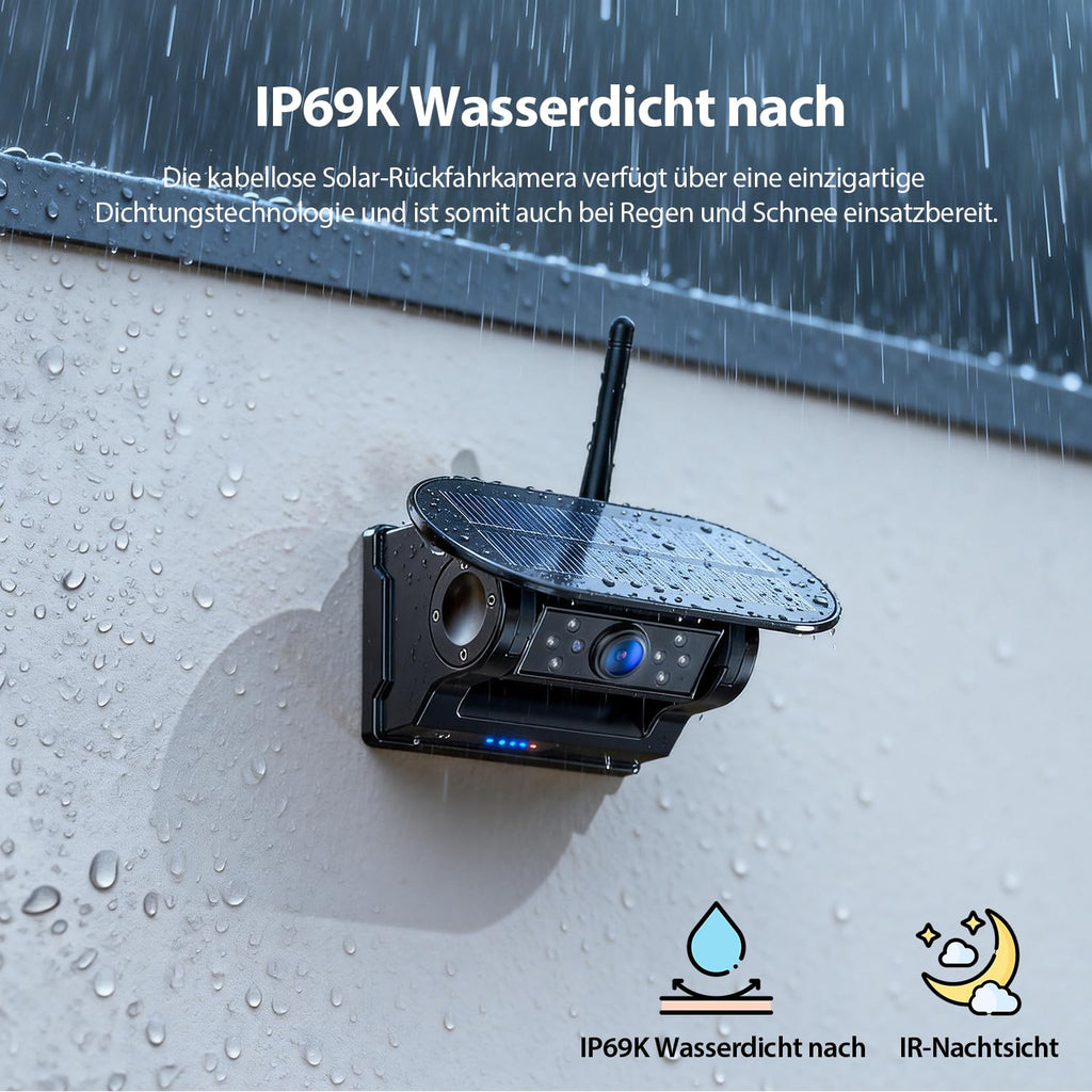 Magnetisch Solar Rückfahrkamera Kabellos mit 5" 1080P Monitor: 9600mAh Akku 1 Mins DIY Installation, IP69K Wasserdicht Rückfahrkameras für Auto, LKW, Van