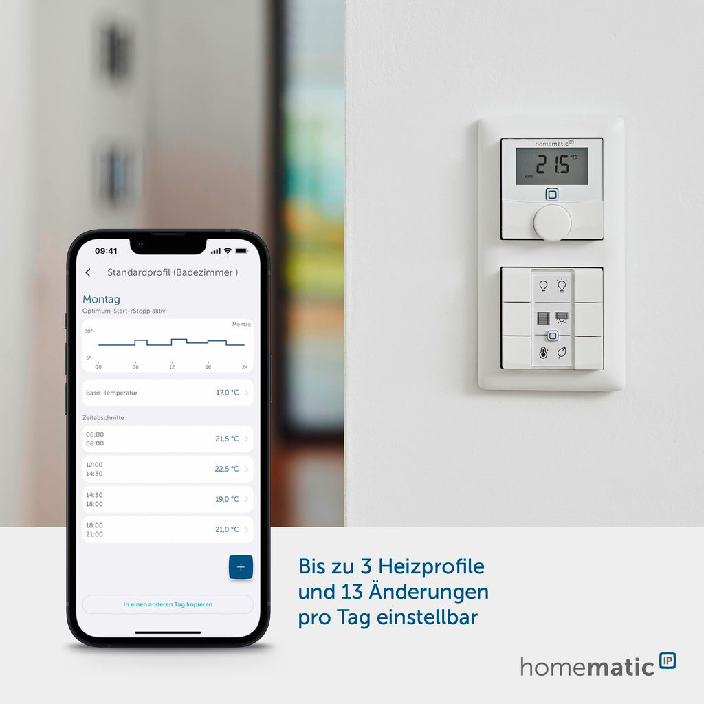 Homematic IP Smart Home Wandthermostat mit Luftfeuchtigkeitssensor, digitales Thermostat Heizkörper/Fußbodenheizung mit App, Temperaturmessung, Energie sparen, 156669A0