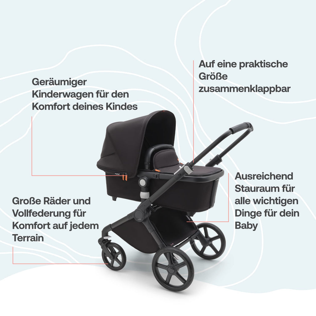 Bugaboo Fox Cub Kinderwagen für jedes Gelände, leichter und stabiler Kinderwagen, strapazierfähiges Design und extragroßes Sonnendach, einteilig und selbststehend faltbar, Schwarz