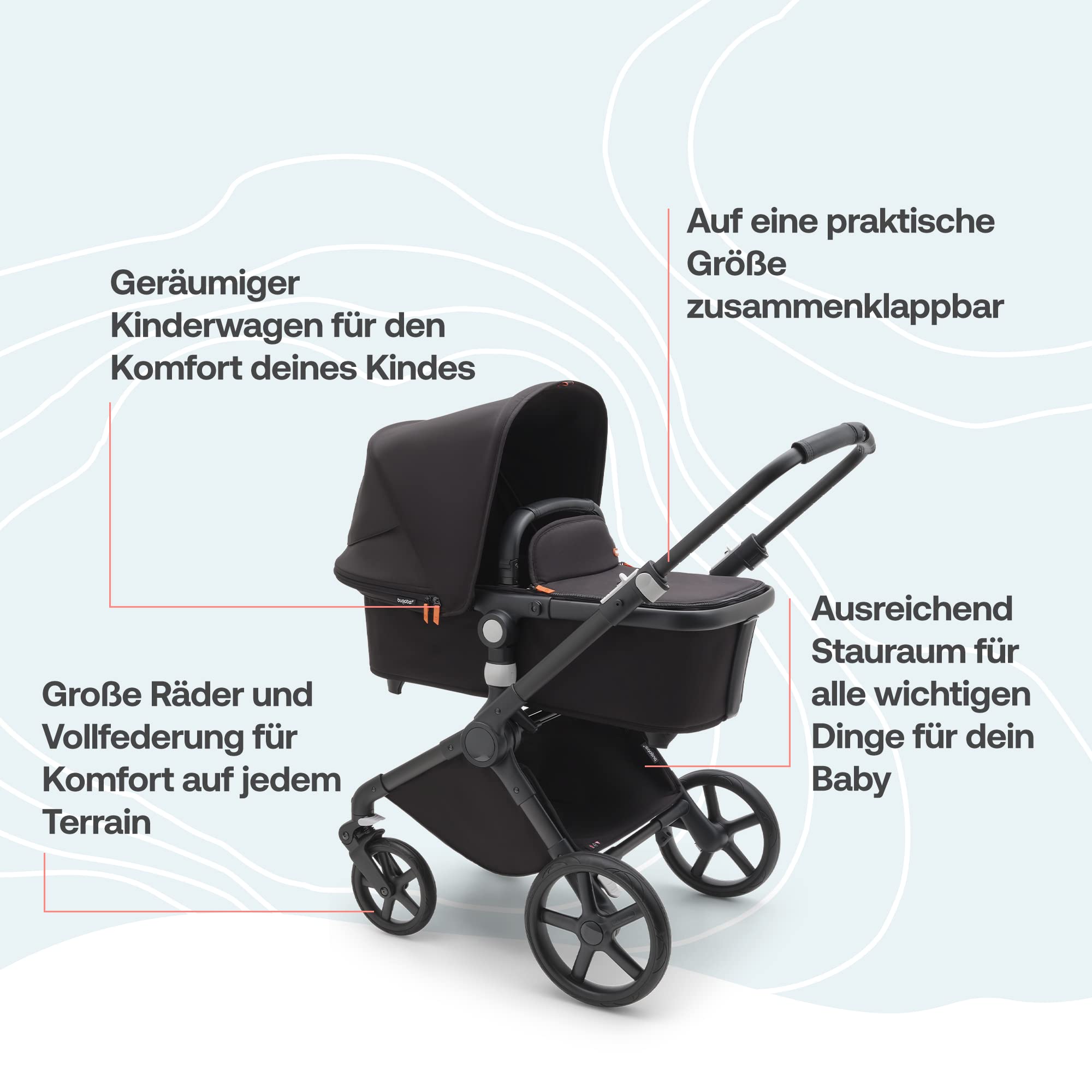 Bugaboo Fox Cub Kinderwagen für jedes Gelände, leichter und stabiler Kinderwagen, strapazierfähiges Design und extragroßes Sonnendach, einteilig und selbststehend faltbar, Schwarz