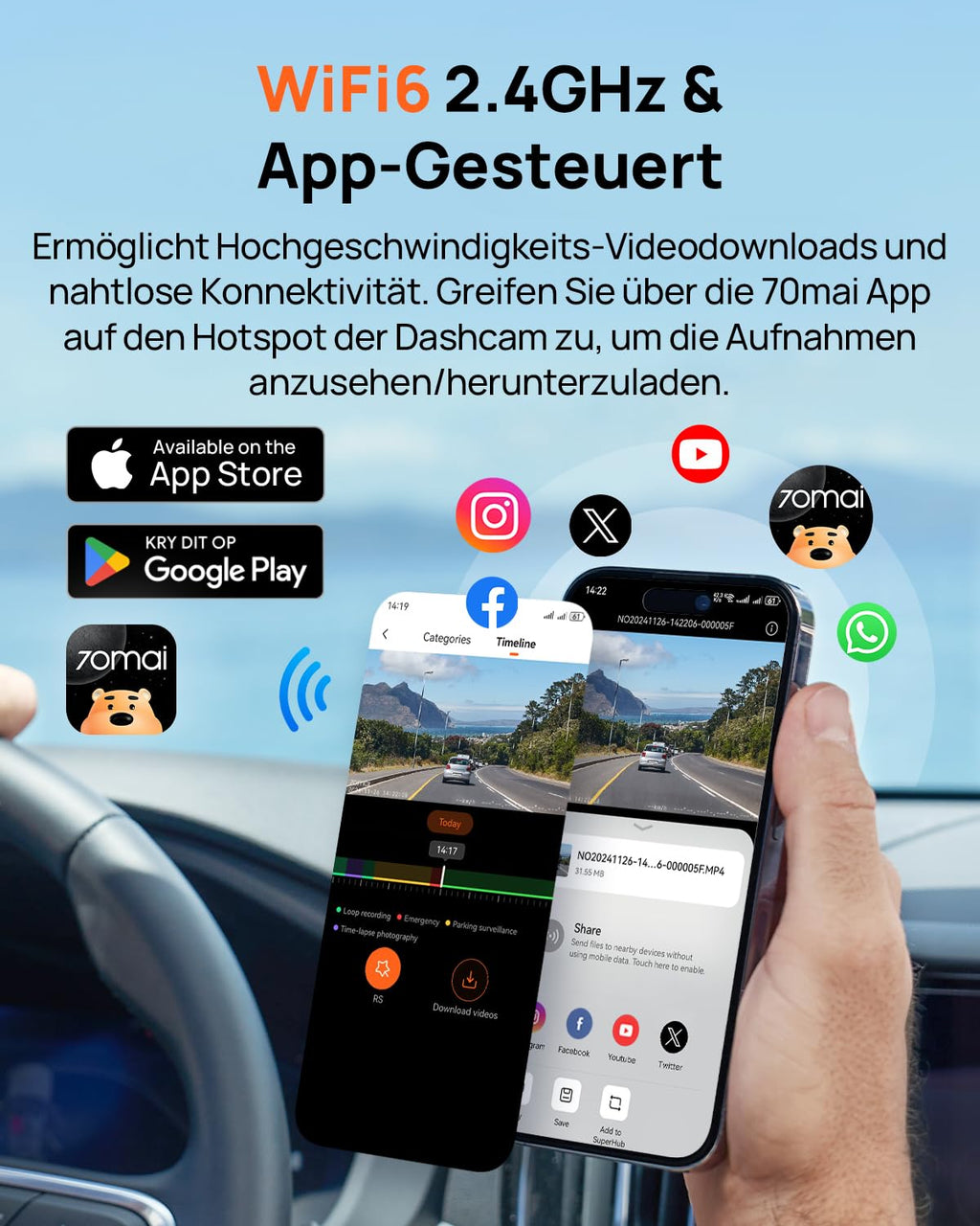 70mai A800SE Dashcam Auto Vorne Hinten 4K HDR 2160P+1080P mit 128GB SD Karte, Dual Autokamera 3" IPS, F1.55 Blende Nachtsicht, 210Sek.Puffer Notfall-Voraufzeichnung, Parküberwachung, Max 512GB