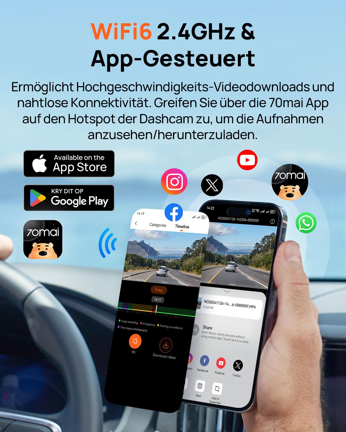 70mai A800SE Dashcam Auto Vorne Hinten 4K HDR 2160P+1080P mit 128GB SD Karte, Dual Autokamera 3" IPS, F1.55 Blende Nachtsicht, 210Sek.Puffer Notfall-Voraufzeichnung, Parküberwachung, Max 512GB