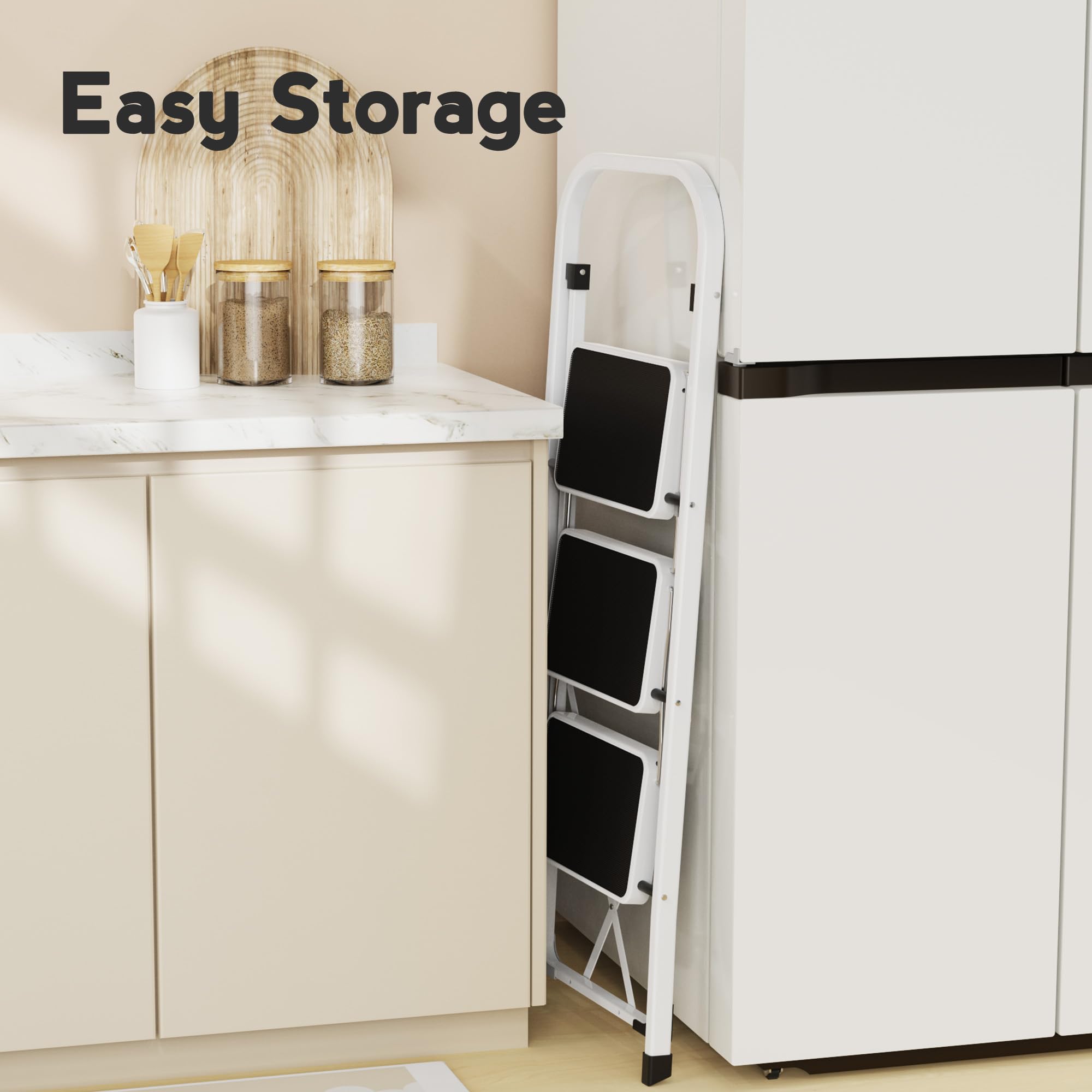 HBTower Trittleiter 3 Stufen klappbar, Trittleiter mit Anti-Rutsch-Pedal, Tragbare Robuste Tritthocker mit Handläufen, Perfekt für Küche & Haushalt, 150kg Kapazität, Weiß