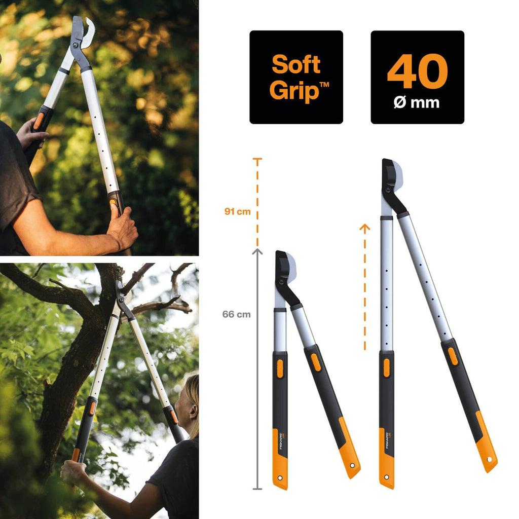 Fiskars SmartFit Bypass-Teleskop-Astschere für frisches Holz, Antihaftbeschichtet, Gehärteter Präzisionsstahl, Grifflänge: 66 bis 90 cm, Schwarz/Orange, L86, 1013564