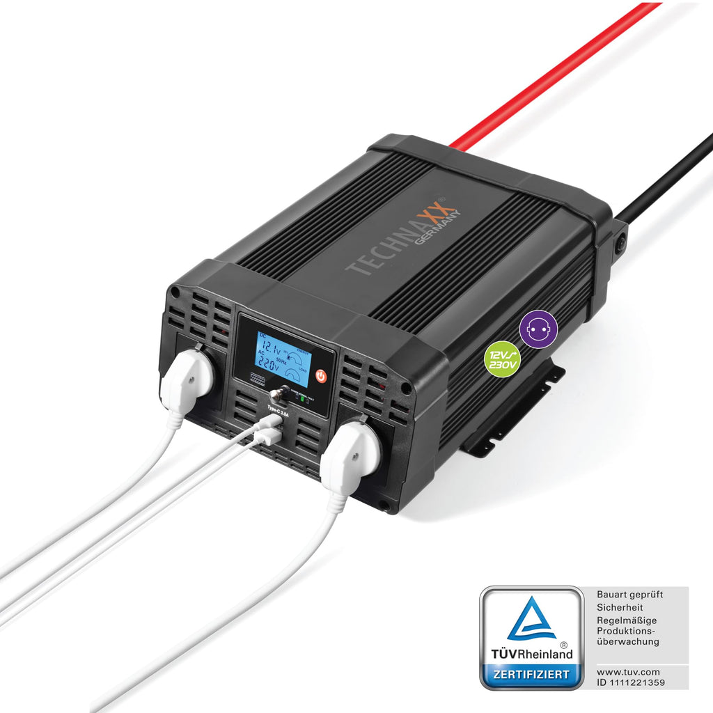 Technaxx KFZ Wechselrichter 12V auf 230V 2000W / 4000W – TÜV-zertifizierter Auto Spannungswandler mit LC-Display, 2x Schuko & 2x USB – Inverter für Camping, Wohnmobil, Boot – TE20
