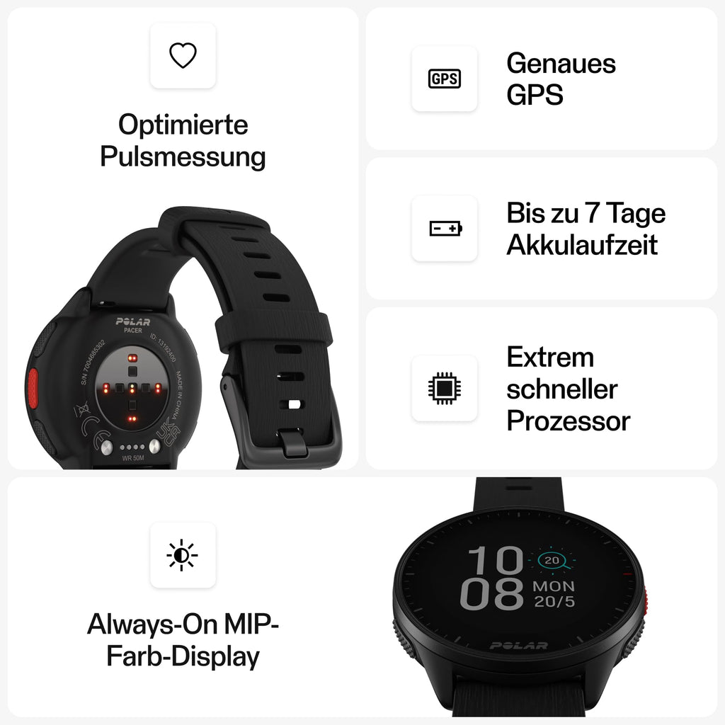 Polar Pacer - GPS-Laufuhr - sehr schneller Prozessor - Ultraleicht - helles Display - griffige Tasten - personalisiertes - Pulsmesser - Musiksteuerung, Night Black, S-L