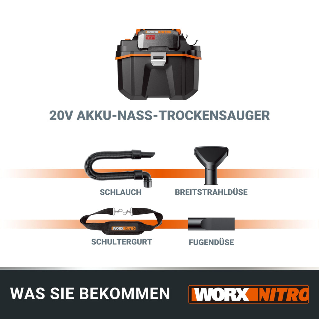 WORX WX031.9 Akku Nass-/Trockensauger - mobil und handlich - 20V - mit Fugendüse und Breitstrahldüse - ohne Akku und Ladegerät, Schwarz/Orange