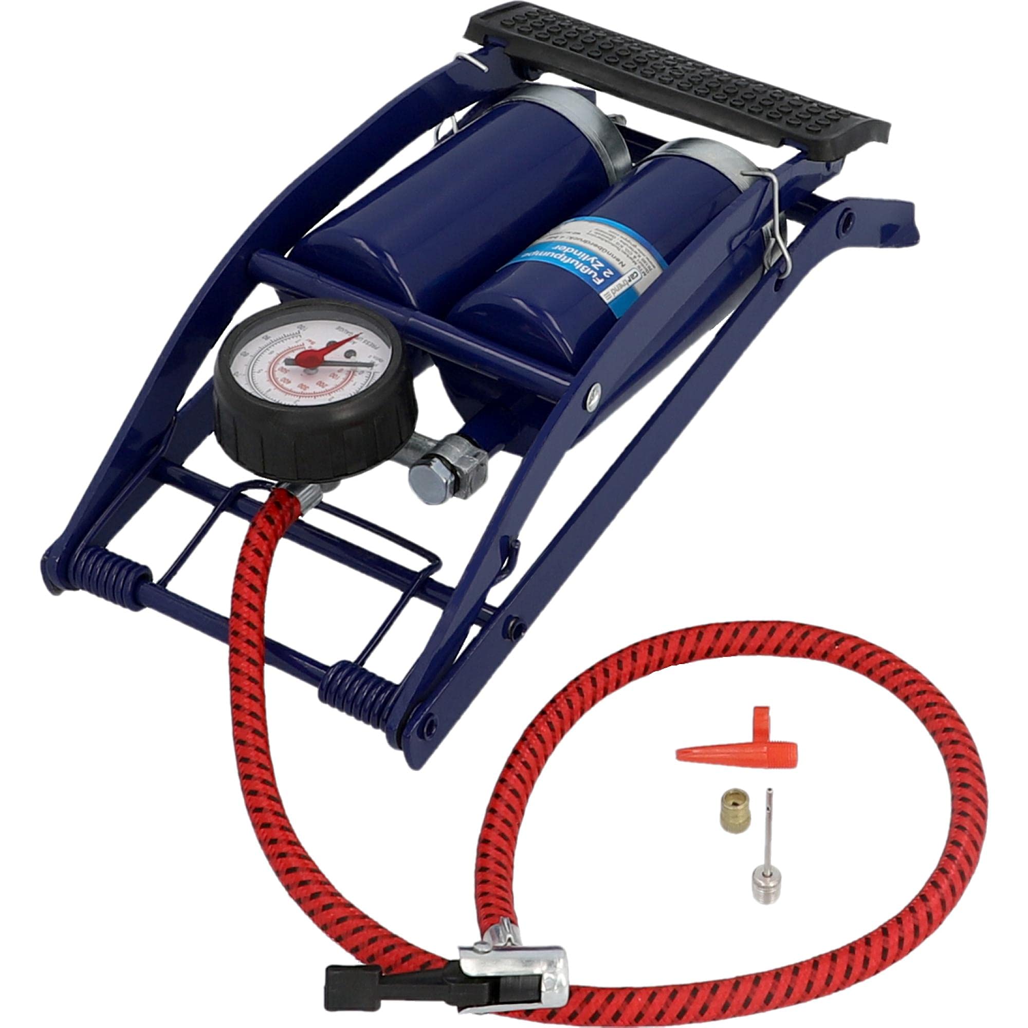 cartrend Einzylinder Fußluftpumpe, für Auto- und Fahrradreifen sowie andere Objekte, inkl. Standard- und Spezialadapter, Manometer bis 7 bar, 0,4 l Volumen je Hub, Schlauchlänge ca. 50 cm