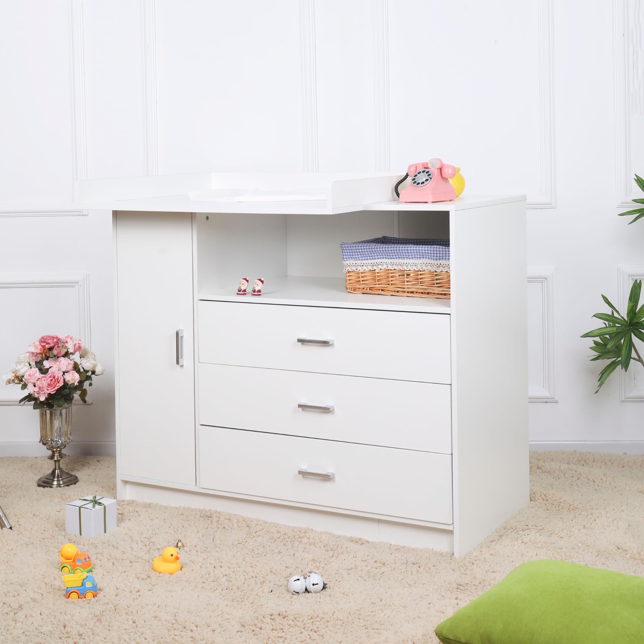 ecomi Wickelkommode Wickeltisch Baby Kommode aus Holz mit Wickelaufsatz, 3 Schubladen, 1 Tür, 100 cm Höhe in Weiß, Wickeltisch 113x100 cm Griffe verchromt