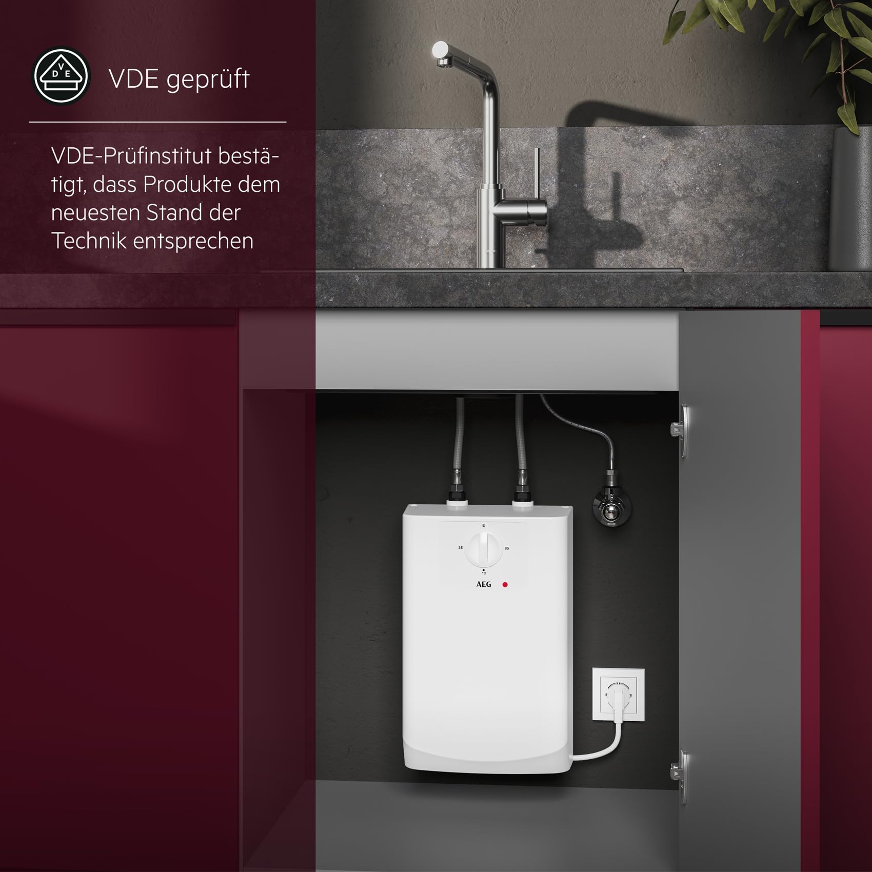 AEG Boiler BOI 5 U, Untertischboiler 5 Liter Niederdruck mit Stecker 230V für Küchenspüle + Wachbecken, 2 kW, Made in Germany, 204616