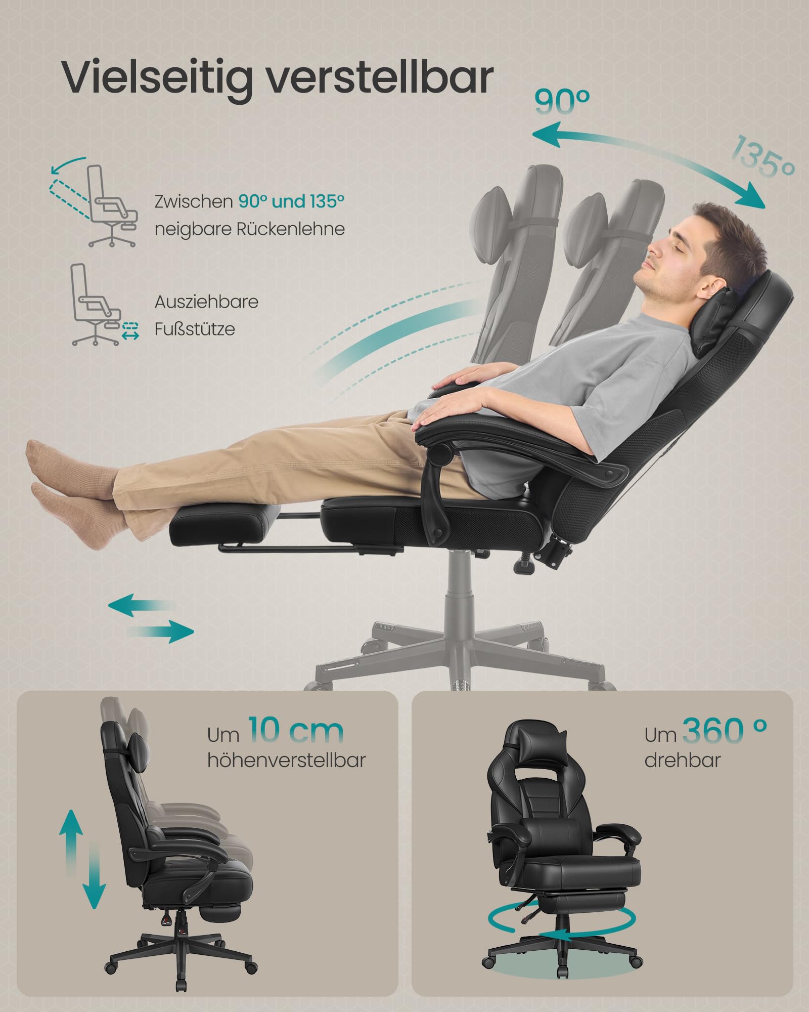 SONGMICS Gaming-Stuhl, Bürostuhl mit Fußstütze, Schreibtischstuhl mit Kopfstütze und Lendenkissen, höhenverstellbar, ergonomisch, bis 150 kg belastbar, tintenschwarz OBG073B05