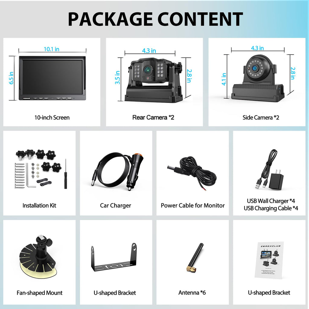 4 Magnetische Rückfahrkamera Kabellos, 10 Zoll 1080P FHD Monitor, 9600mAh Wiederaufladbare Akku, 1-Min Einrichtung, IP69K Wasserdicht Rückfahrkameras für Wohnmobile,Anhänger und LKWs