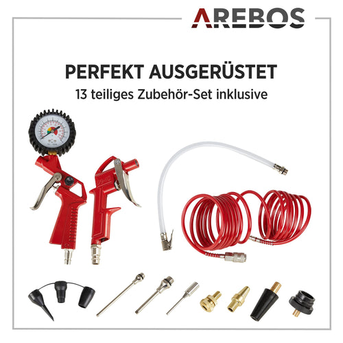 Arebos 30L Druckluftkompressor Kompressor stehend 1500 W | inkl. 13-tlg. Druckluft-Werkzeug-Set | Wartungsarm | Abschaltautomatik | Extra langer Luftschlauch | ölfrei | Luftkompressor 10 bar