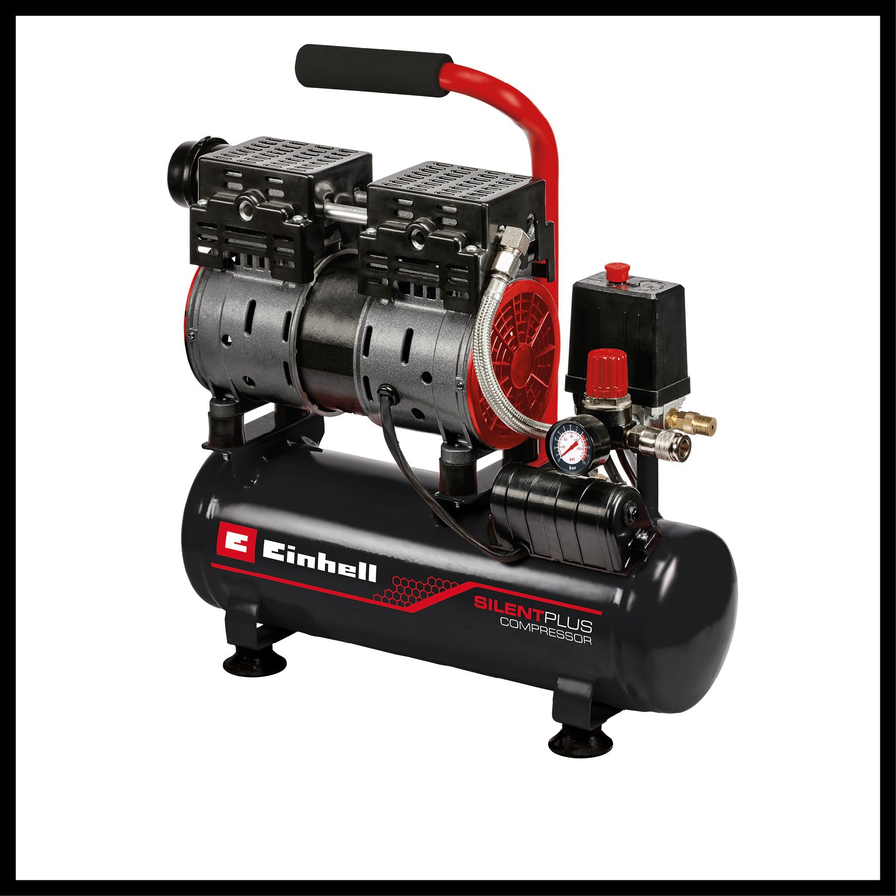 Einhell Kompressor TE-AC 110/6 Silent Plus (550 W., max. 8 bar, 6 l-Tank, 110 l/min Ansaugleistung, Motordrehzahl 1450 min^-1, Manometer, Schnellkupplung, ölfrei)