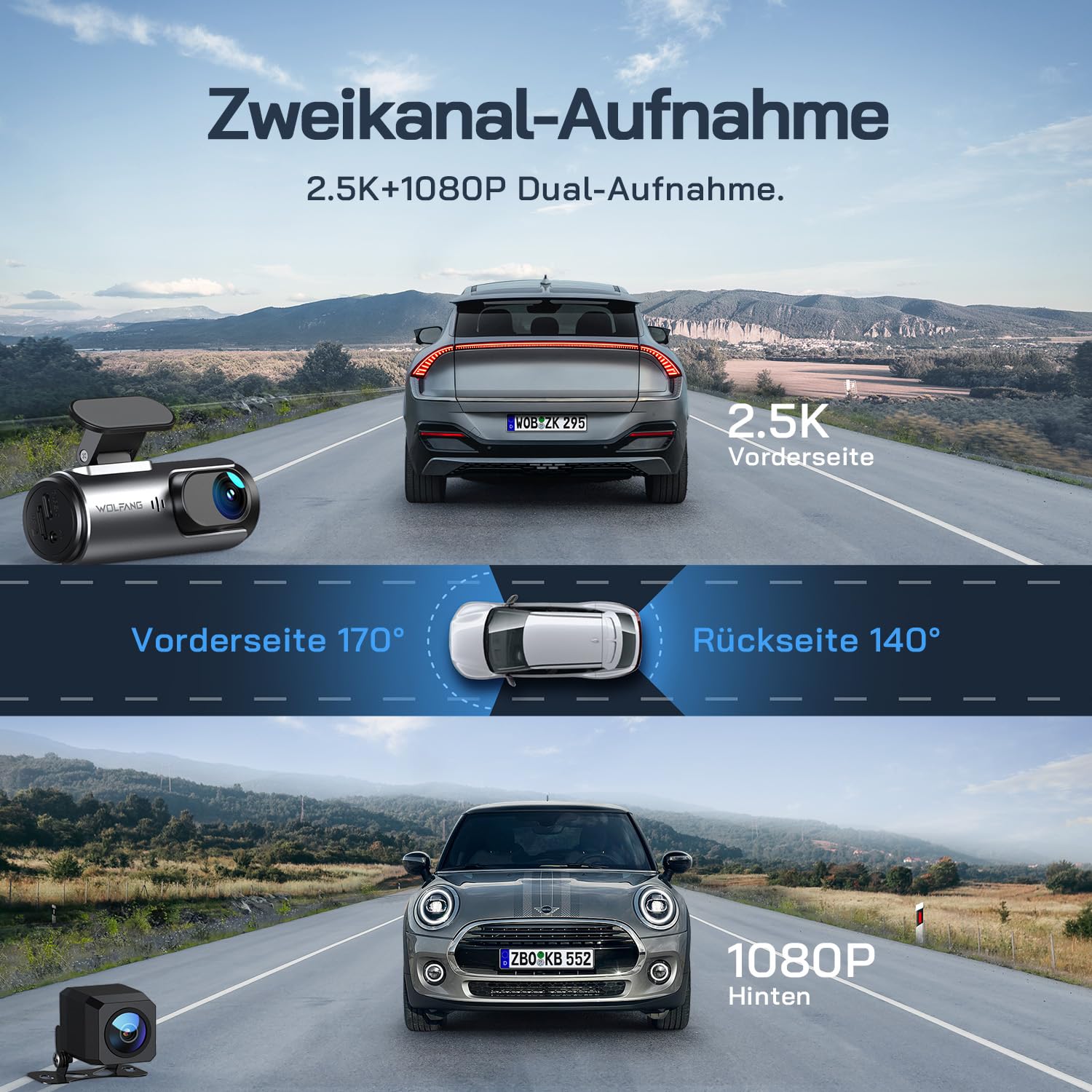 WOLFANG Dashcam Auto Vorne Hinten 4K WiFi Dash Cam mit 32GB SD Karte, Ultra Nachtsicht, 170°Weitwinkel, WDR, 24 Std. Parkmodus, G-Sensor, Loop-Aufnahme