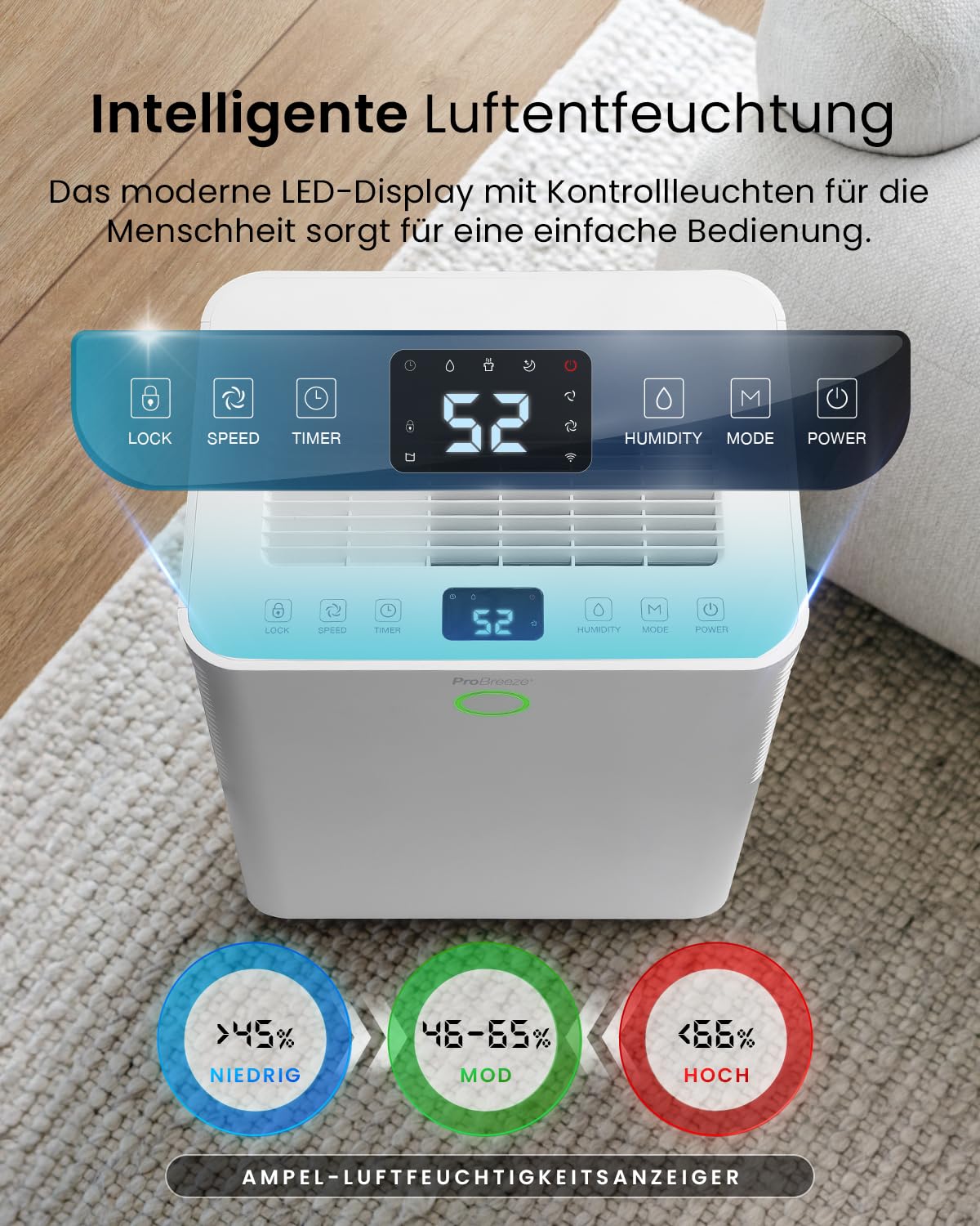 Pro Breeze OmniDry Luftentfeuchter mit App & WLAN, 20L in 24h Entfeuchtungsleistung - Luftentfeuchter elektrisch mit Wäschemodus, Feuchtigkeitssensor, Timer - Gegen Schimmel - Entfeuchter Dehumidifier