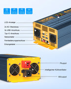 HLCJC Spannungswandler 1200W/2400W Reiner Sinus- Wechselrichter 12V auf 230V, 2X EU Steckdose, mit 1x USB-C, 3xUSB-A Schnellladung, LCD-Anzeige für Wohnmobil LKW KFZ
