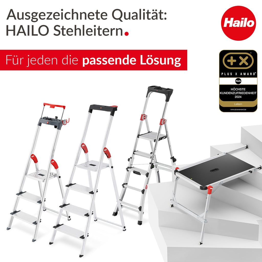 Hailo L100 Topline Alu-Sicherheits-Stehleiter - 5 XXL-Stufen bis 150 kg - Stehleiter mit ausziehbarem Haltebügel, Plattformverriegelung - viel Zubehör - klappbare Aluleiter Made in Germany - schwarz