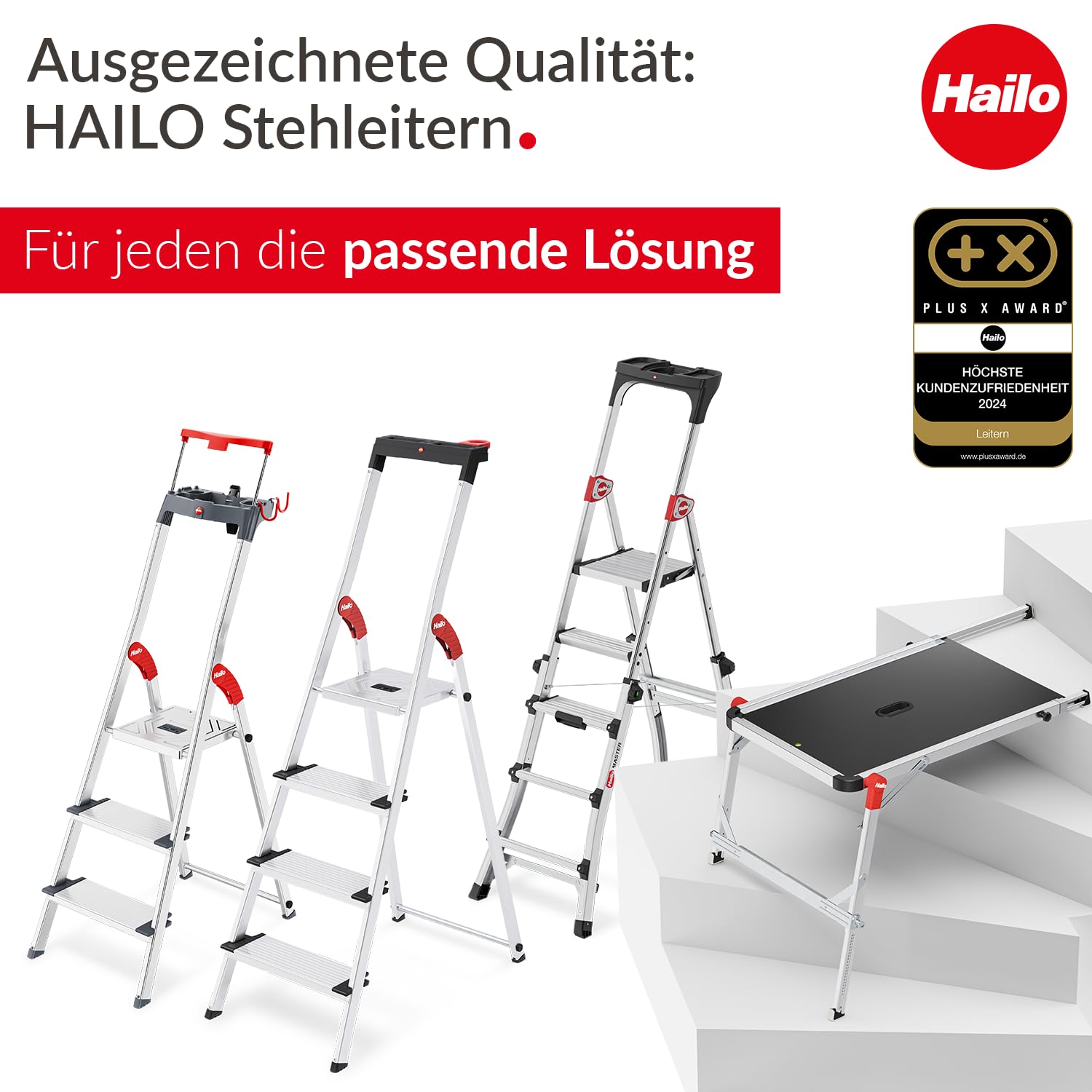 Hailo L100 Topline Alu-Sicherheits-Stehleiter - 5 XXL-Stufen bis 150 kg - Stehleiter mit ausziehbarem Haltebügel, Plattformverriegelung - viel Zubehör - klappbare Aluleiter Made in Germany - schwarz