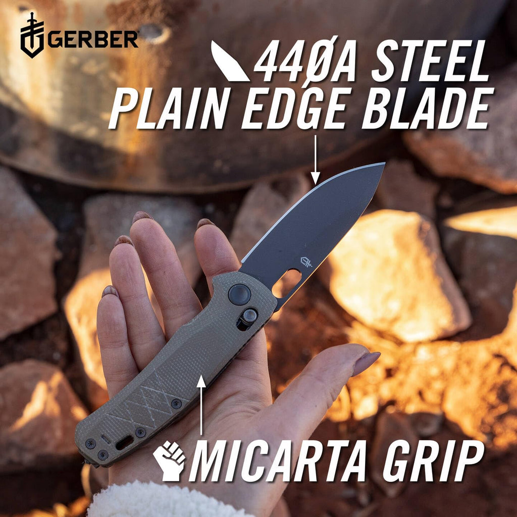 Gerber Taschenklappmesser mit Taschenclip, Scout, Mit Micarta-Griff und Glasbrecher, Klingenlänge: 8,2 cm, Grün, Rostfreier 440A Stahl, 1064583
