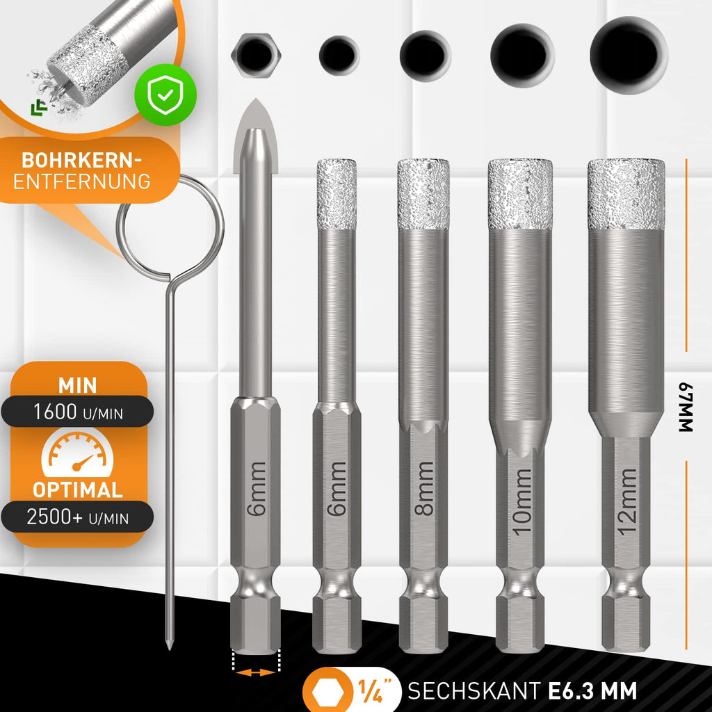 HARDTWERK Turbo Diamantbohrer 6-tlg. Fliesenbohrer Set [6, 8, 10, 12mm] mit 6mm Karbid-Anbohrer (inkl. Reinigungspin) Diamantbohrer für harte Fliesen Keramik, Feinsteinzeug, Marmor und Granit