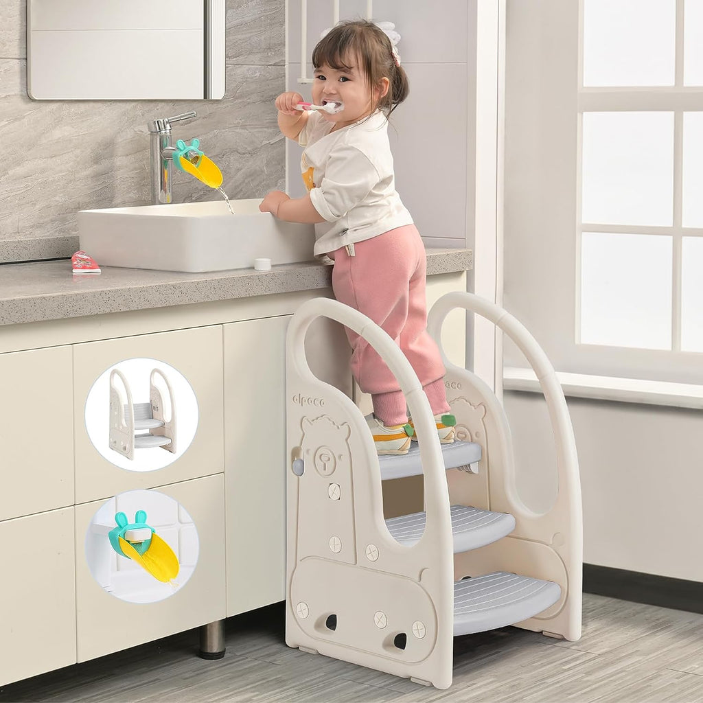 Onasti Tritthocker für Kinder, Dreistufiger Höhenverstellbar Tritt-Schemel Kinderschemel für Baby, Bequemer Handslauf, Multifunktion, Anti-Rutsch, Ab ca. 1.5 bis ca. 6 Jahre -, (Grau)