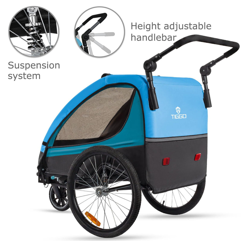 Tiggo VS Kinderanhänger 360° Drehbar mit Federung 2in1 Fahrradanhänger mit Buggy Set Jogger 5-Punkt Gurt Fahrrad Anhänger für 1 bis 2 Kinder max. 40kg (Blau)