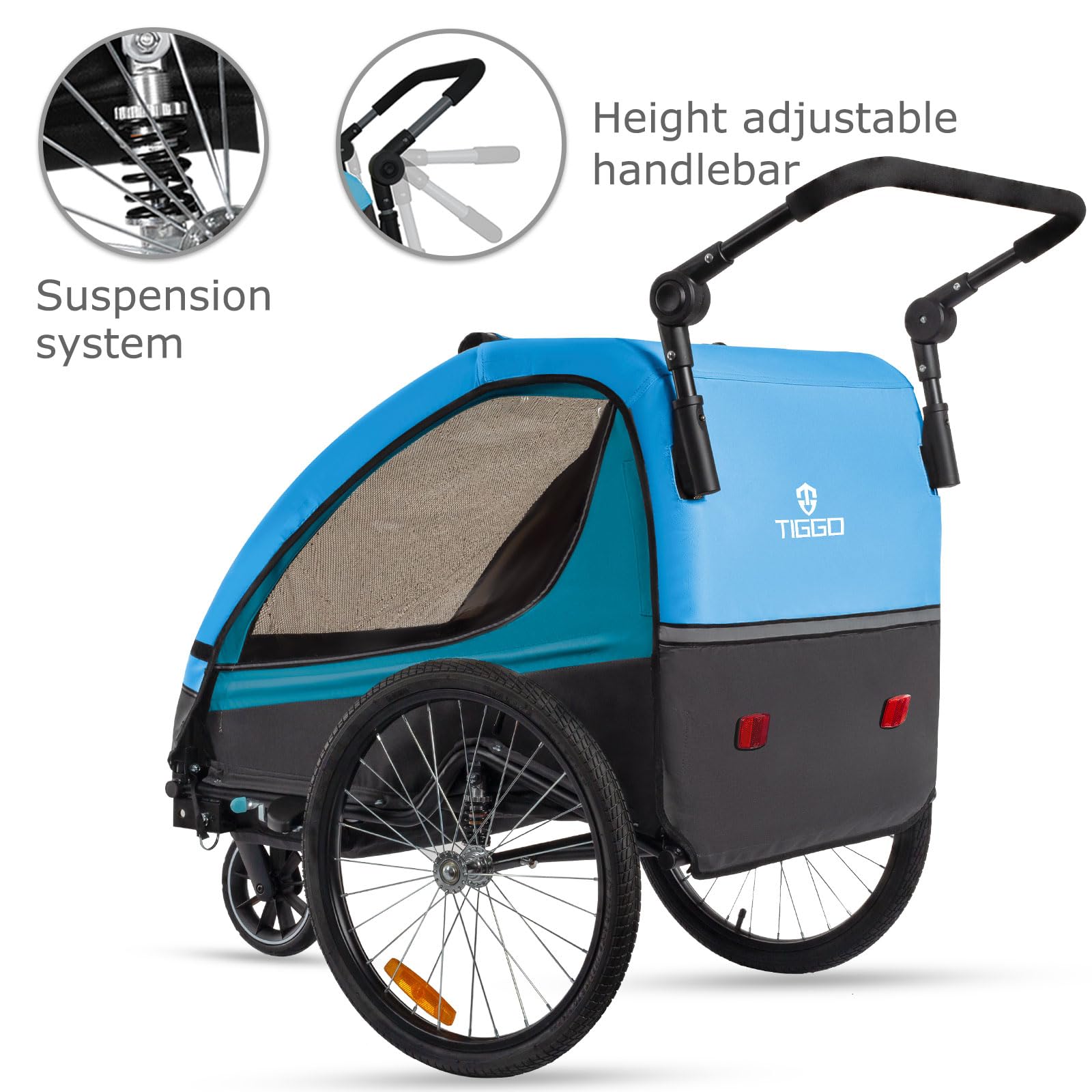 Tiggo VS Kinderanhänger 360° Drehbar mit Federung 2in1 Fahrradanhänger mit Buggy Set Jogger 5-Punkt Gurt Fahrrad Anhänger für 1 bis 2 Kinder max. 40kg (Blau)