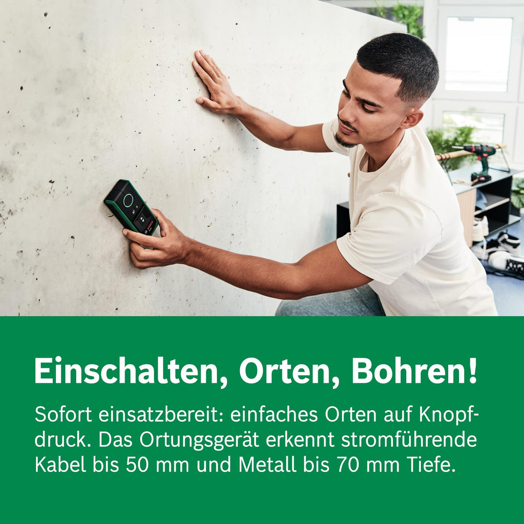 Bosch Ortungsgerät Truvo der 2. Generation (einfache Ein-Knopf-Bedienung, einfaches Orten von stromführenden Kabeln und Metallobjekten, Wandscanner bis 70mm, im E-Commerce Karton)