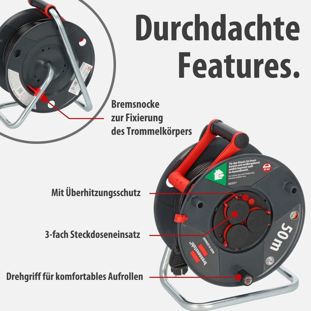 Brennenstuhl Garant V2 IP44 Kabeltrommel 50m outdoor (Made in Germany, 3 Schutzkontakt-Steckdosen, Spezialkunststoff)