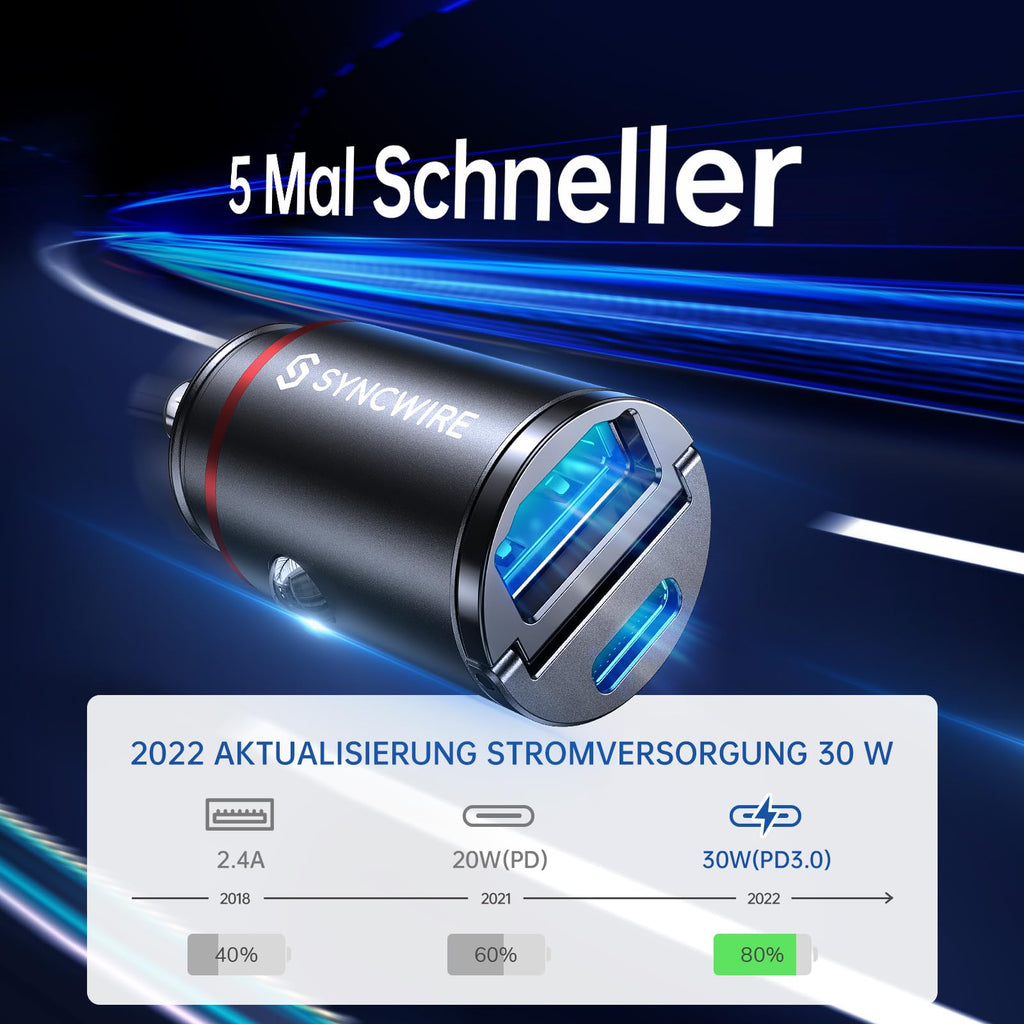 Syncwire 60W Zigarettenanzünder USB C & USB Auto Adapter [PD 3.0 & QC 3.0] Super Mini Ganzmetall KFZ Ladegerät USBC Kompatibel mit iPhone, Samsung, Huawei, Xiaomi, Google Pixel - Schwarz