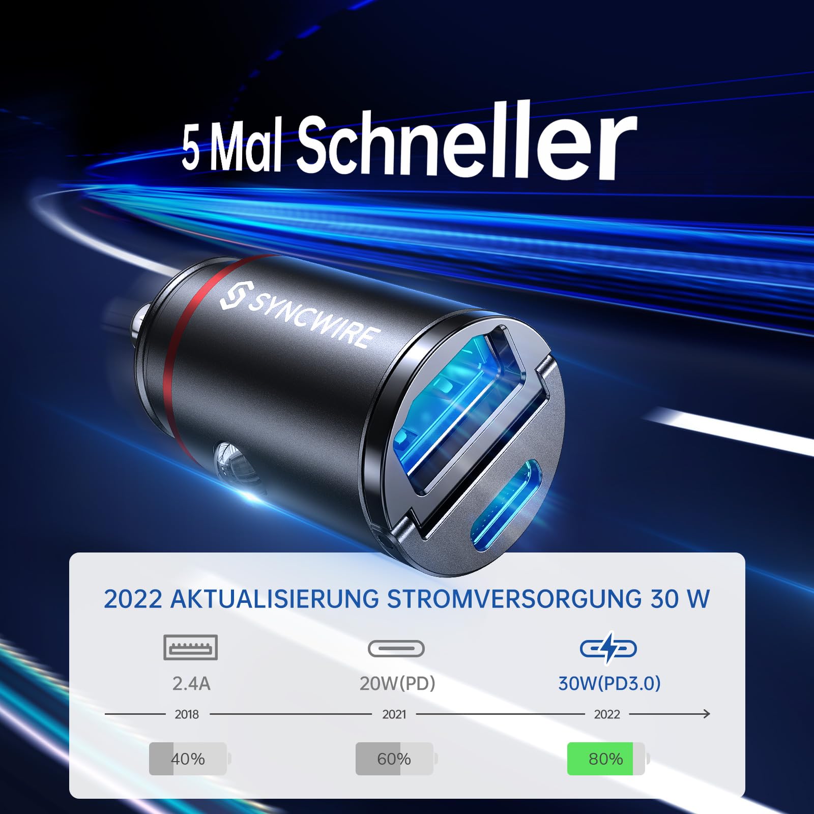 Syncwire 60W Zigarettenanzünder USB C & USB Auto Adapter [PD 3.0 & QC 3.0] Super Mini Ganzmetall KFZ Ladegerät USBC Kompatibel mit iPhone, Samsung, Huawei, Xiaomi, Google Pixel - Schwarz