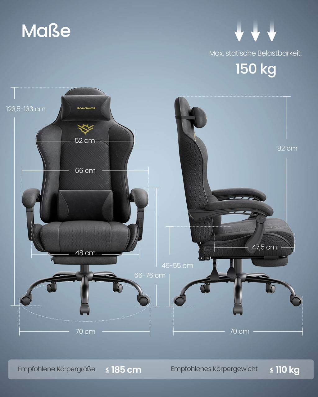 SONGMICS Gaming-Stuhl, Bürostuhl, Schreibtischstuhl, ergonomischer Gaming-Sessel, Sitzkissen mit Federn, Fußstütze, Armlehnen mit Synchronmechanik, tintenschwarz OBG079B01