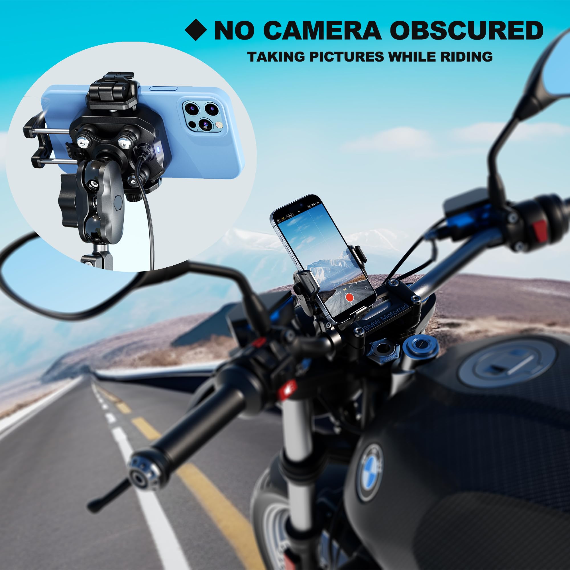 iMESTOU Kabellose USB-C Handyhalterung für Motorrad, Vibrationsdämpfend und Wasserdicht, 2,5 cm Kugel Qi Handyhalterung, Geeignet für 4,7"-7,2" mit max. 15mm Dicke Handys, Passend für 22–32 mm Lenker